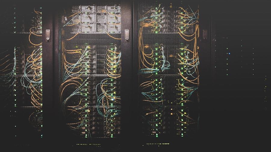 Server racks with status LEDs, standing in for the compute capacity behind peak-hour LLM pricing